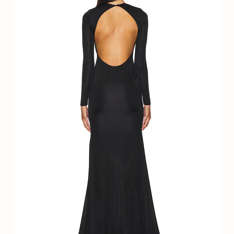 Sophisticated Long Sleeved Black Maxi Dress with Cut-Out and Open Back for Gala Affairs Evening Gown