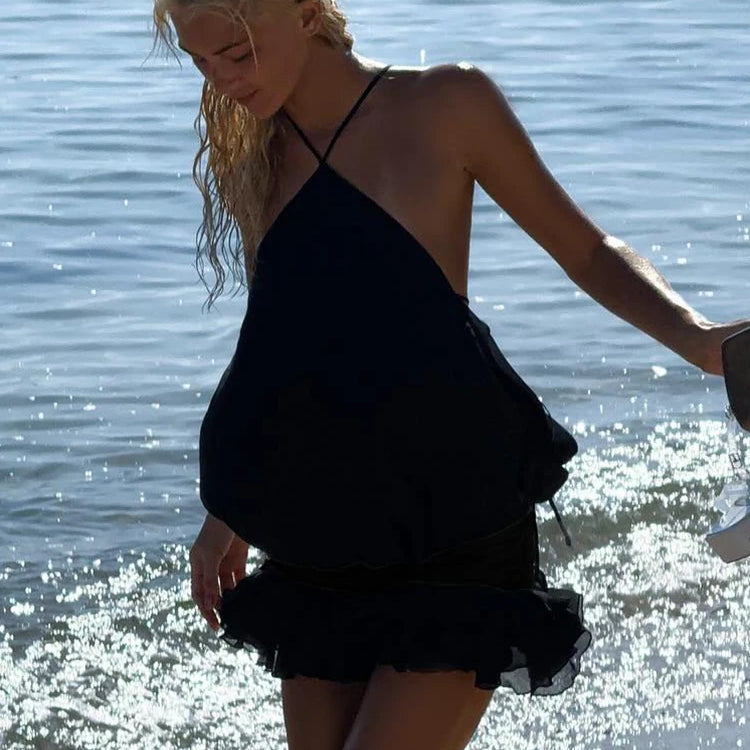 Edgy Black Halter Sleeveless Mini Dress Gown with Open Back for Trendy Parties