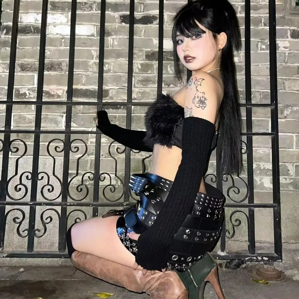 Lautaro Spring Cool Black Pu Leather Mini Skirt Women with Many Belt Low Waist Luxury Designer Steampunk Clothes Streetwear 2025