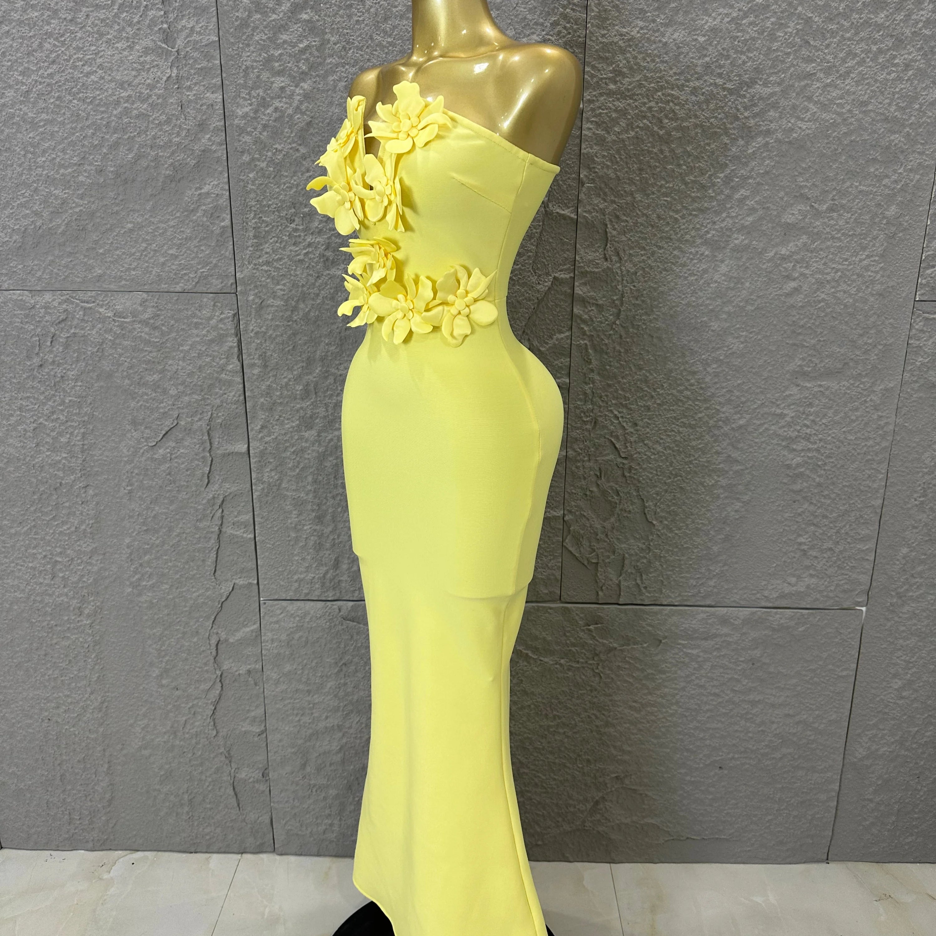 Elegant Yellow Strapless Sweetheart Neck Mermaid Dress 3D Flower Fitted Flare Hem Evening Birthday Gala Banquet Party Outfit