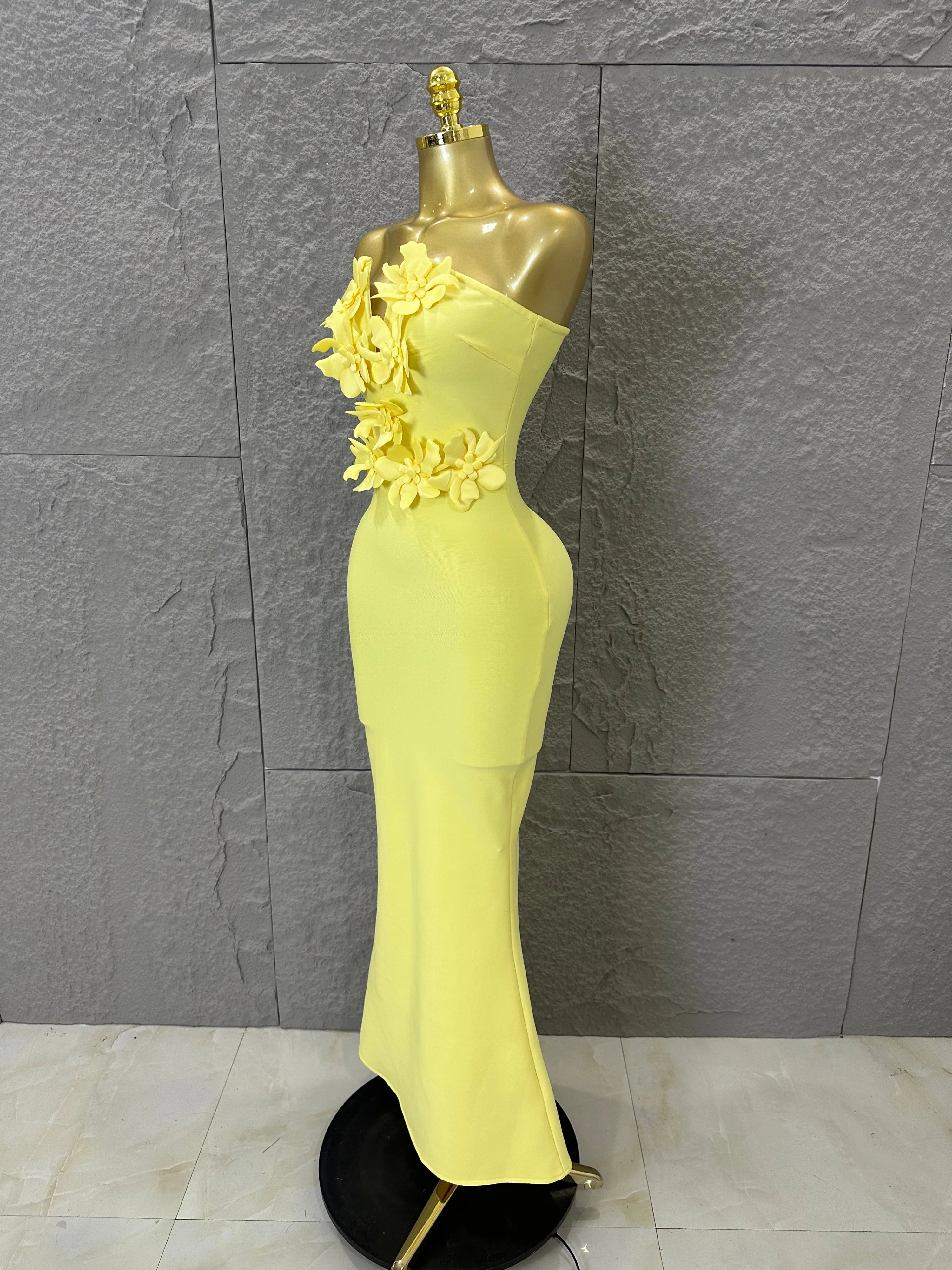 Elegant Yellow Strapless Sweetheart Neck Mermaid Dress 3D Flower Fitted Flare Hem Evening Birthday Gala Banquet Party Outfit