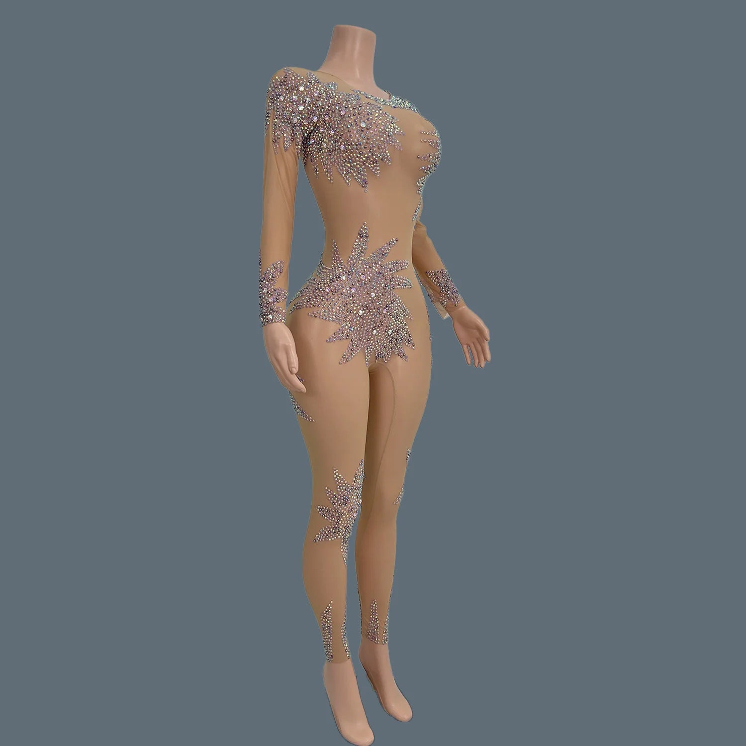 Sexy Transparent Tight Jumpsuit Women High Street Purple Performance Dancer Costume Mesh Diamonds Show Stage Rompers Ziluolan