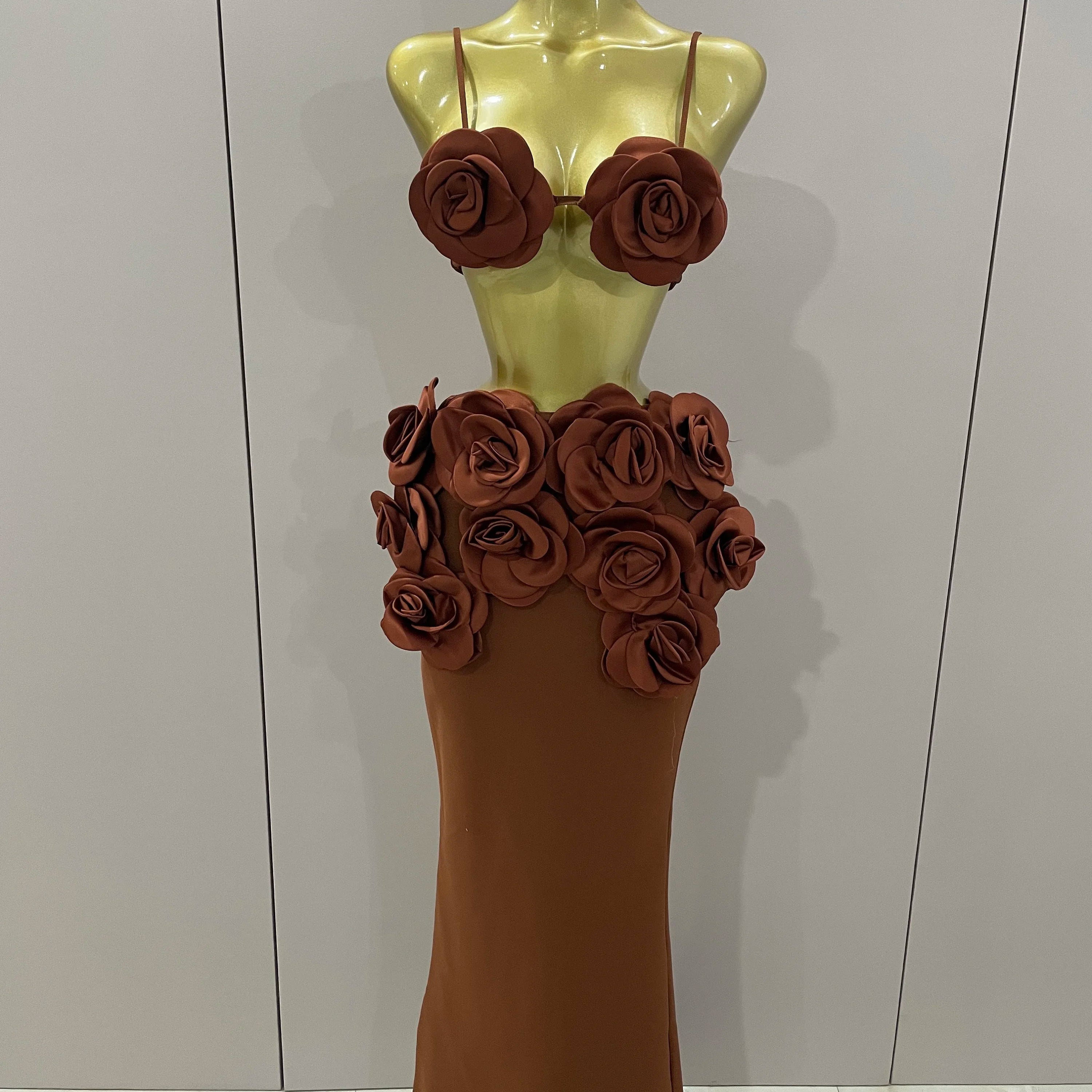 Sexy Camisole Floral Bandage Long Skirts 2-Piece Set 2025 Women Celebrity Elegant Party Cocktail Prom Gown Nightclub Outfit Dark Brown