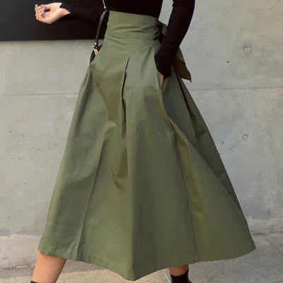 Skirts Womens Korean Fashion Solid Color Big Swing Ladies Skirt Long Skirt 2022 Autumn Wild High Waist Bow Slim Skirts ArmyGreen