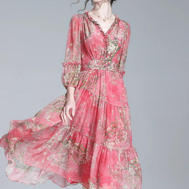 EVNISI Summer Women Boho Chiffon Dress V-Neck Red Elegant Office Floral Printing A-line Dresses Chic For Women Party Vestido