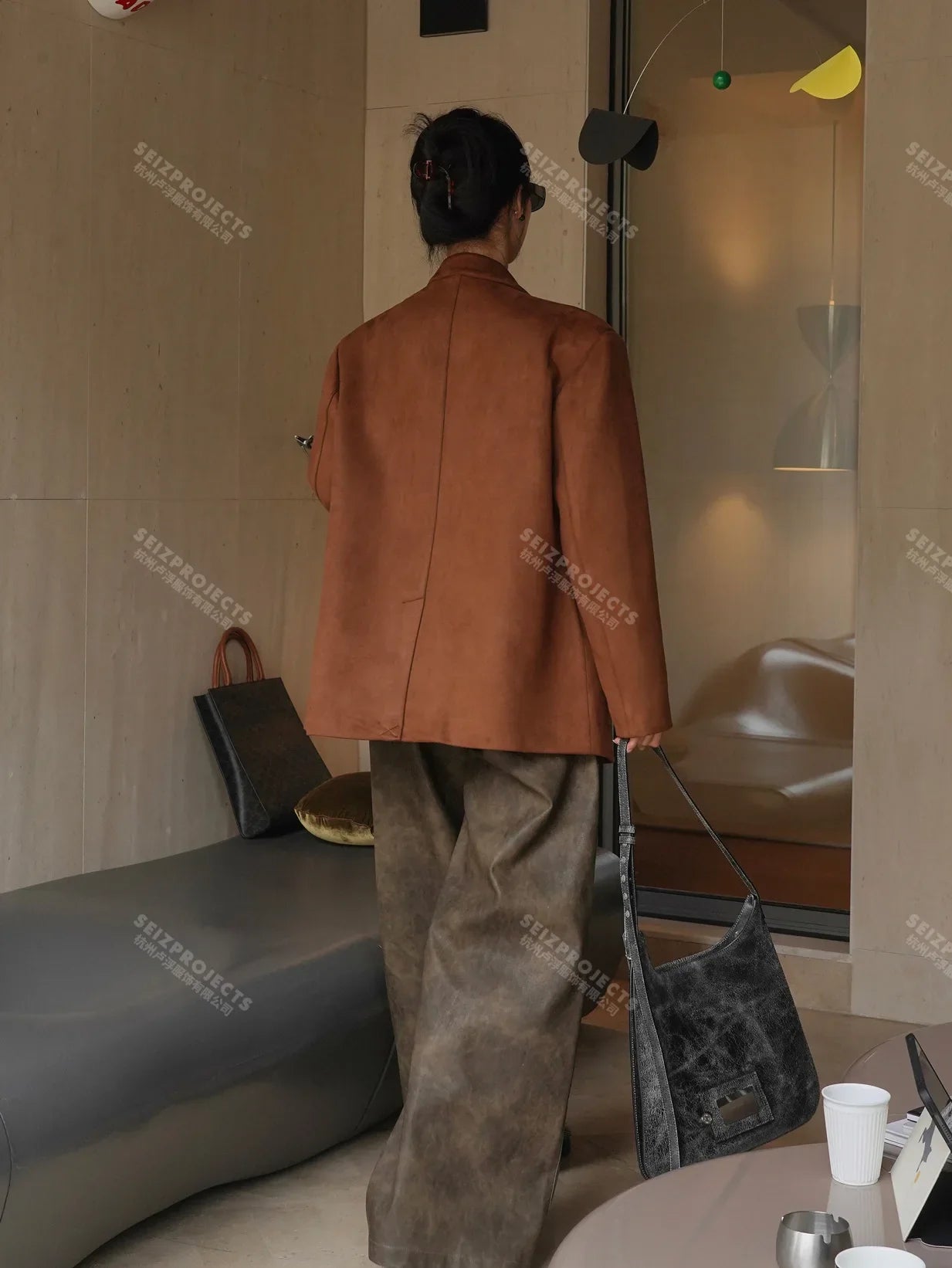 Winter Curved Pocket Oversized Blazer Suede Jacket Brown Green Loose Straight Coat For Women