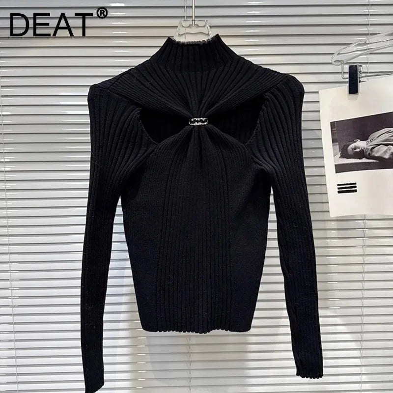 Winter New Fashion Style Detachable Buckle Hollow Design Slim Knitted Sweater For Women Solid Color Top 11A07641