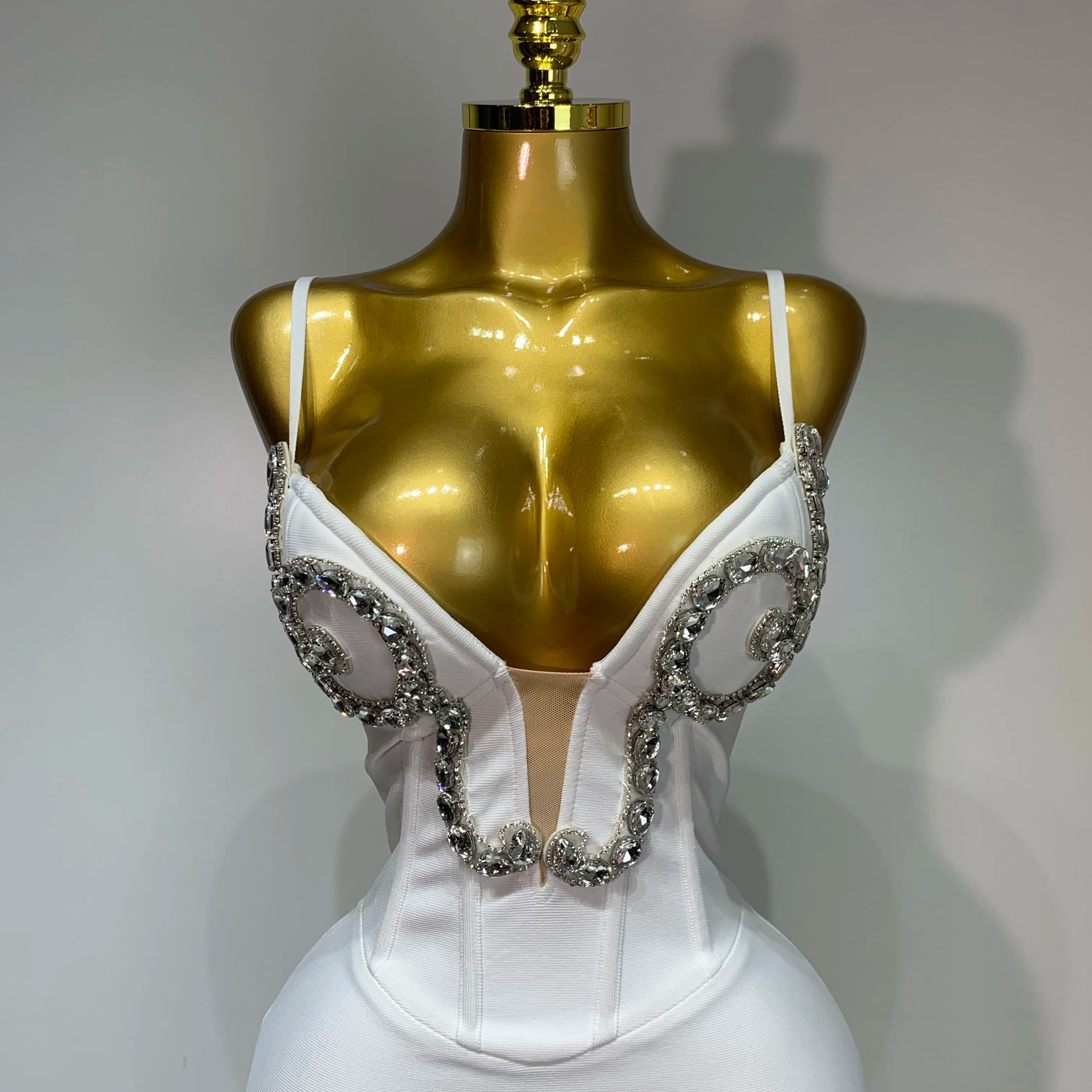 Women Sexy Spaghetti Strap V Neck Crystal Sleeveless Bandage Dress White Elegant Evening Party Cocktail Luxury Birthday Gowns