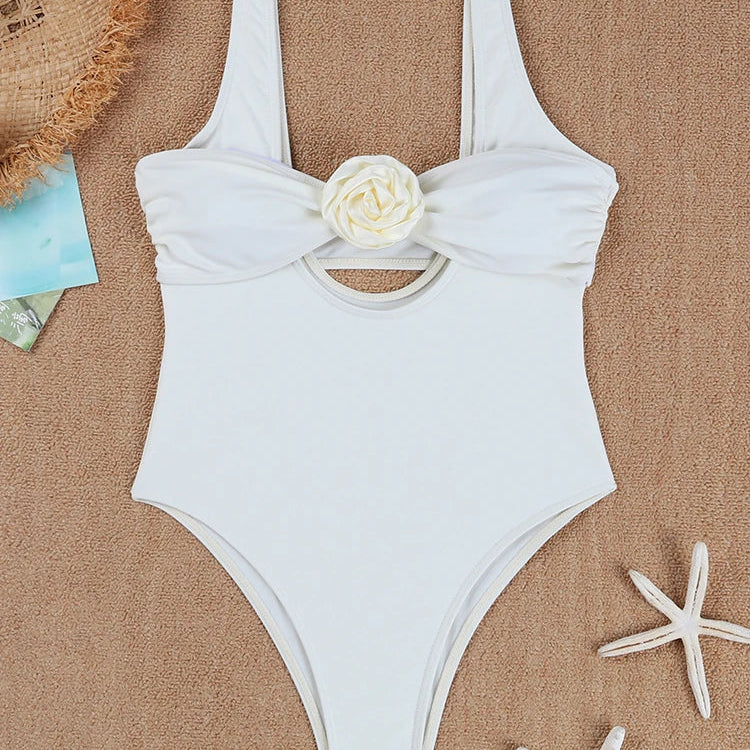One Piece Swimsuit Women New Solid Sling U Neck Bandeau Bodysuit Swimwear Summer Two Piece Beach Wear Bathing Suit Female WHITE