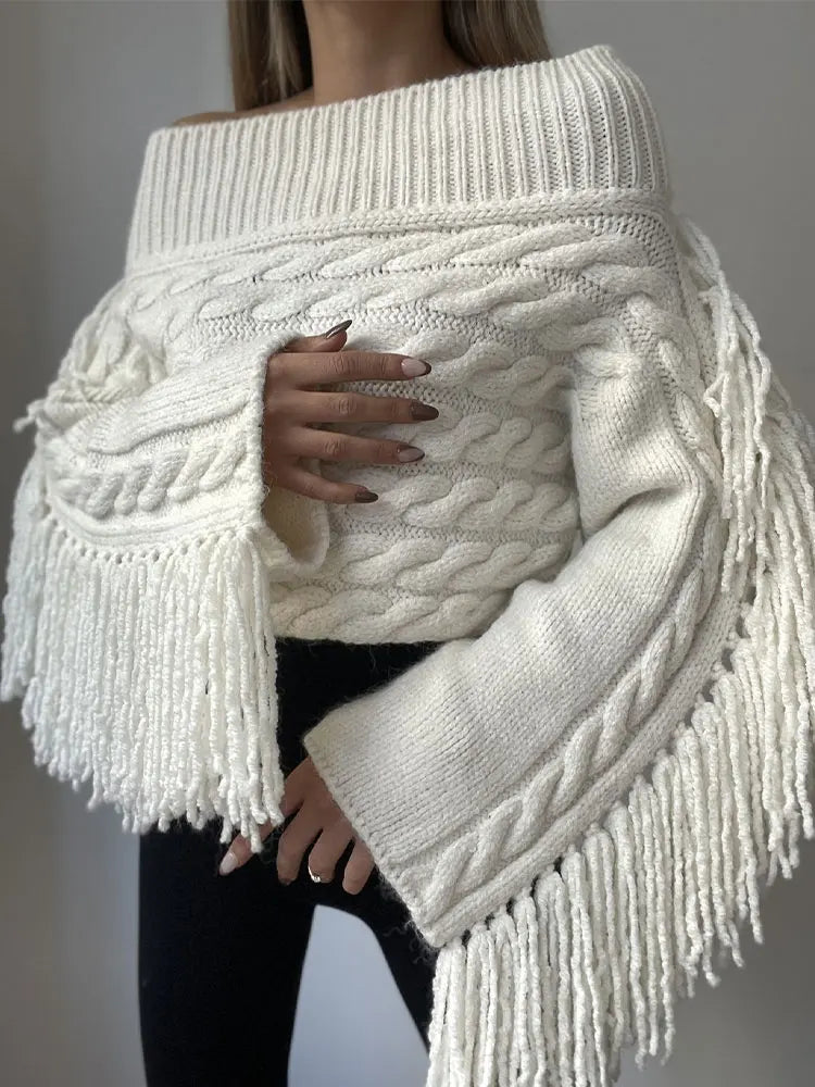 Thicken White Tassel Off Shoulder Sweater Women Elegant Slash Neck Long Sleeve Short Wool Pullover Winter Lady Knit Jumpers