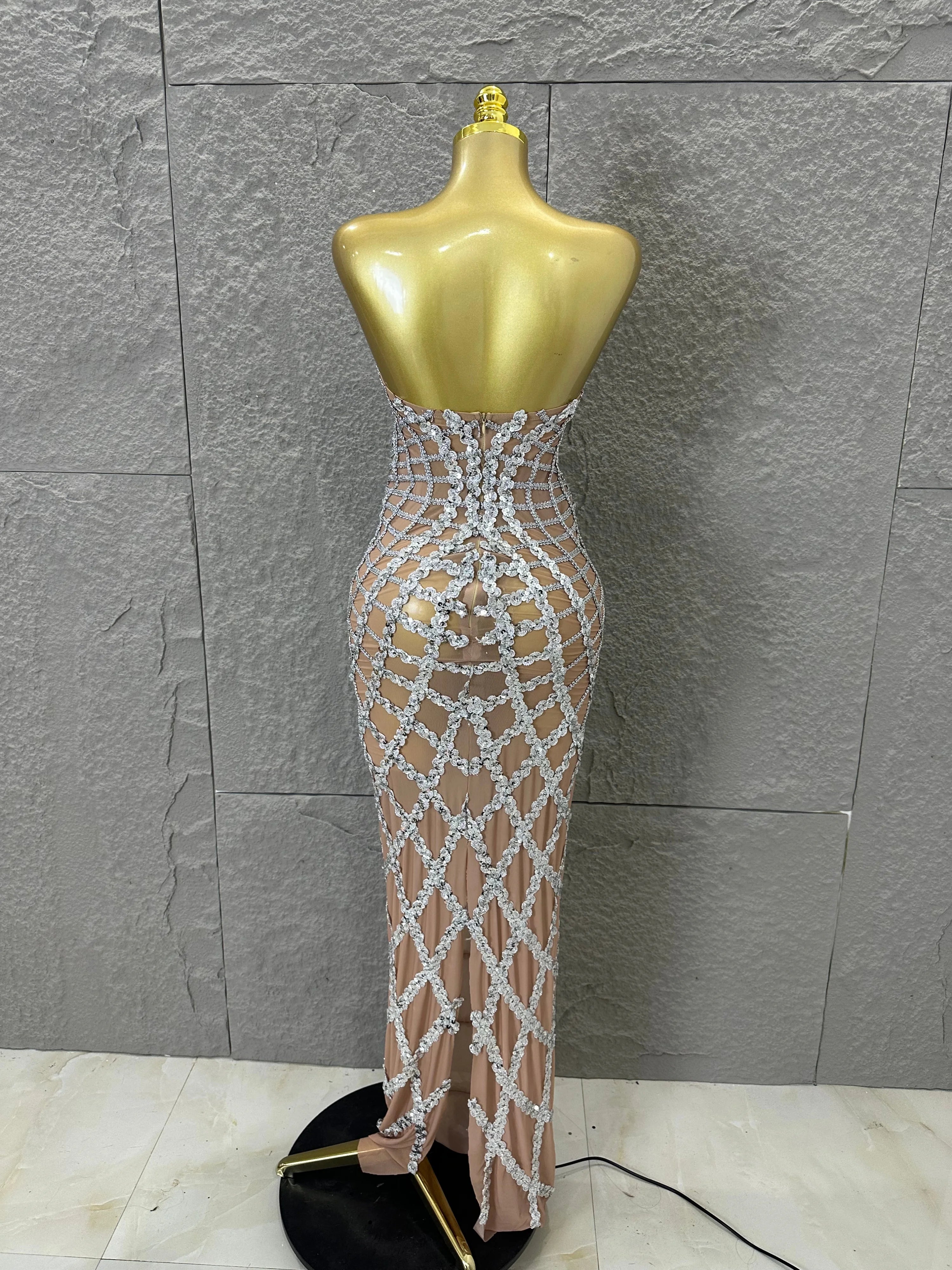 Women Sexy Strapless 3D Grid Embellished Bodycon Mermaid Outfit Stage Performance CostumeElegant Sequined Sheer Mesh Maxi Dress
