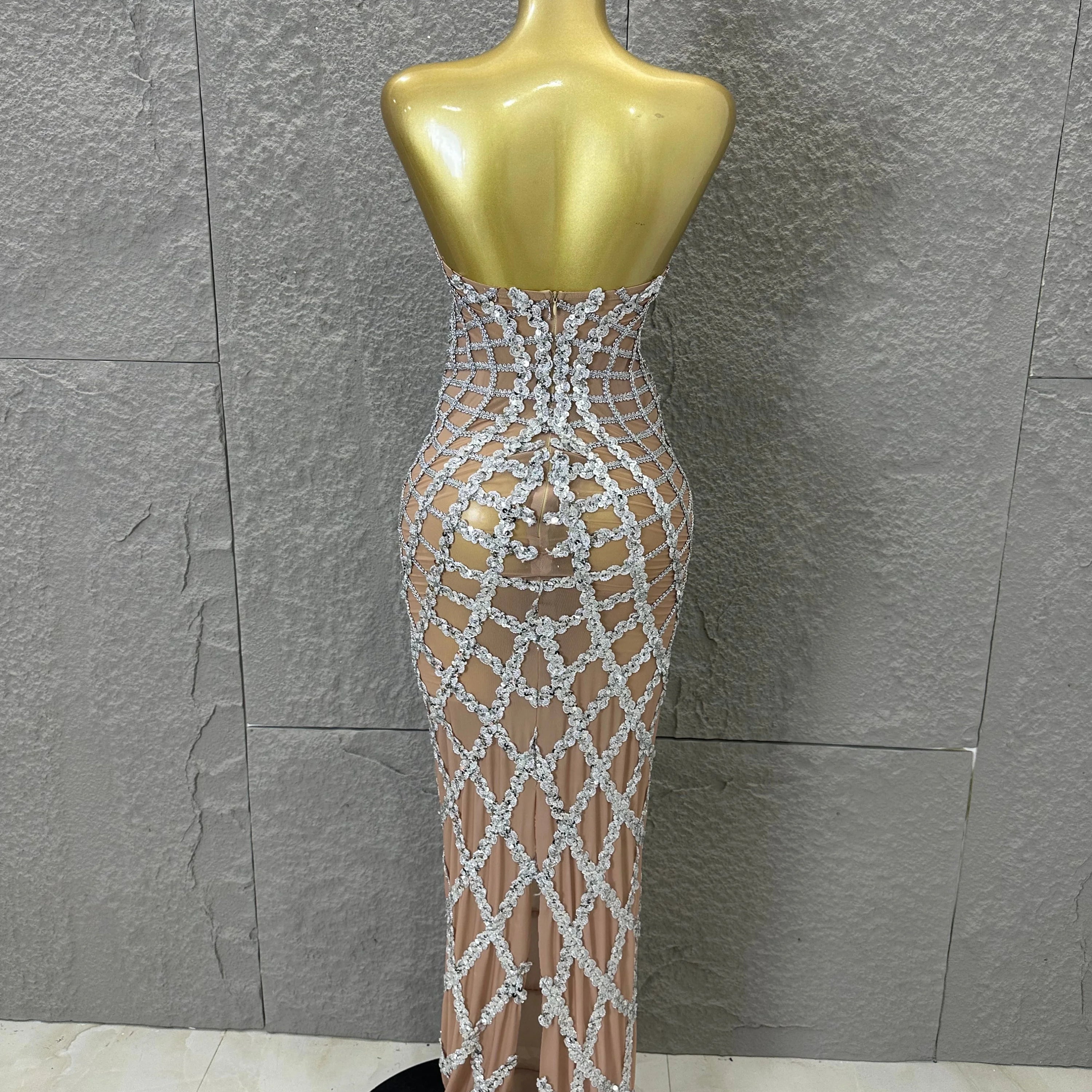 Elegant Sequined Sheer Mesh Maxi Dress Women Sexy Strapless 3D Grid Embellished Bodycon Mermaid Outfit Stage Performance Costume