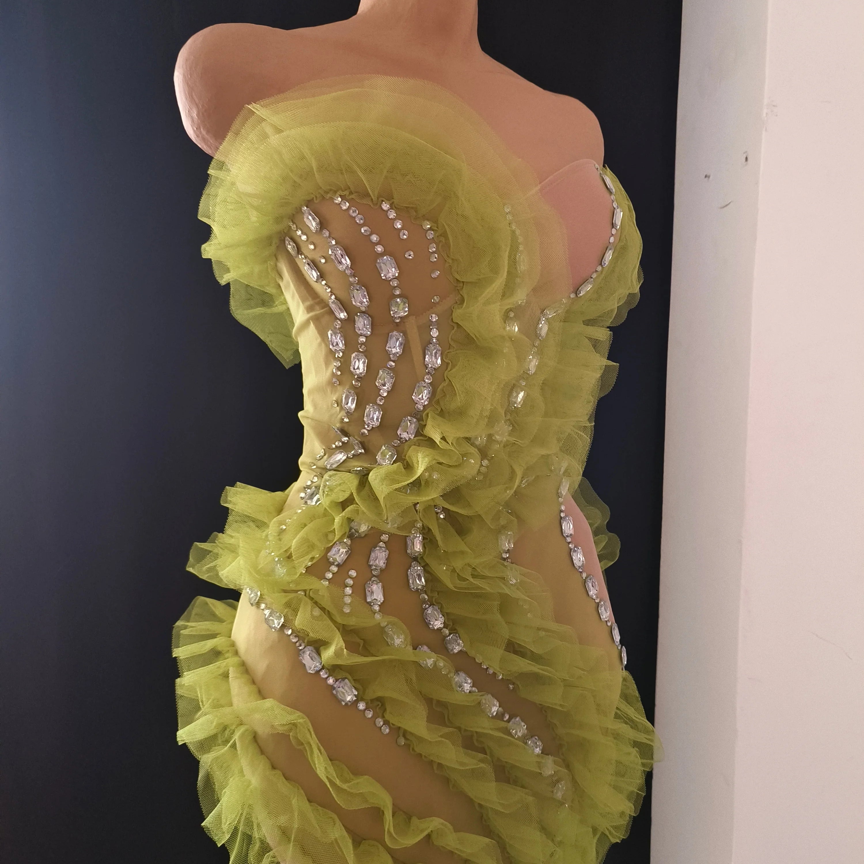 Sparkly Green Sheer Mesh Flowy Ruffle Crystal Rhinestone Dress Slim-fit Nightclub Party Stage Performance Clubwear Outfit