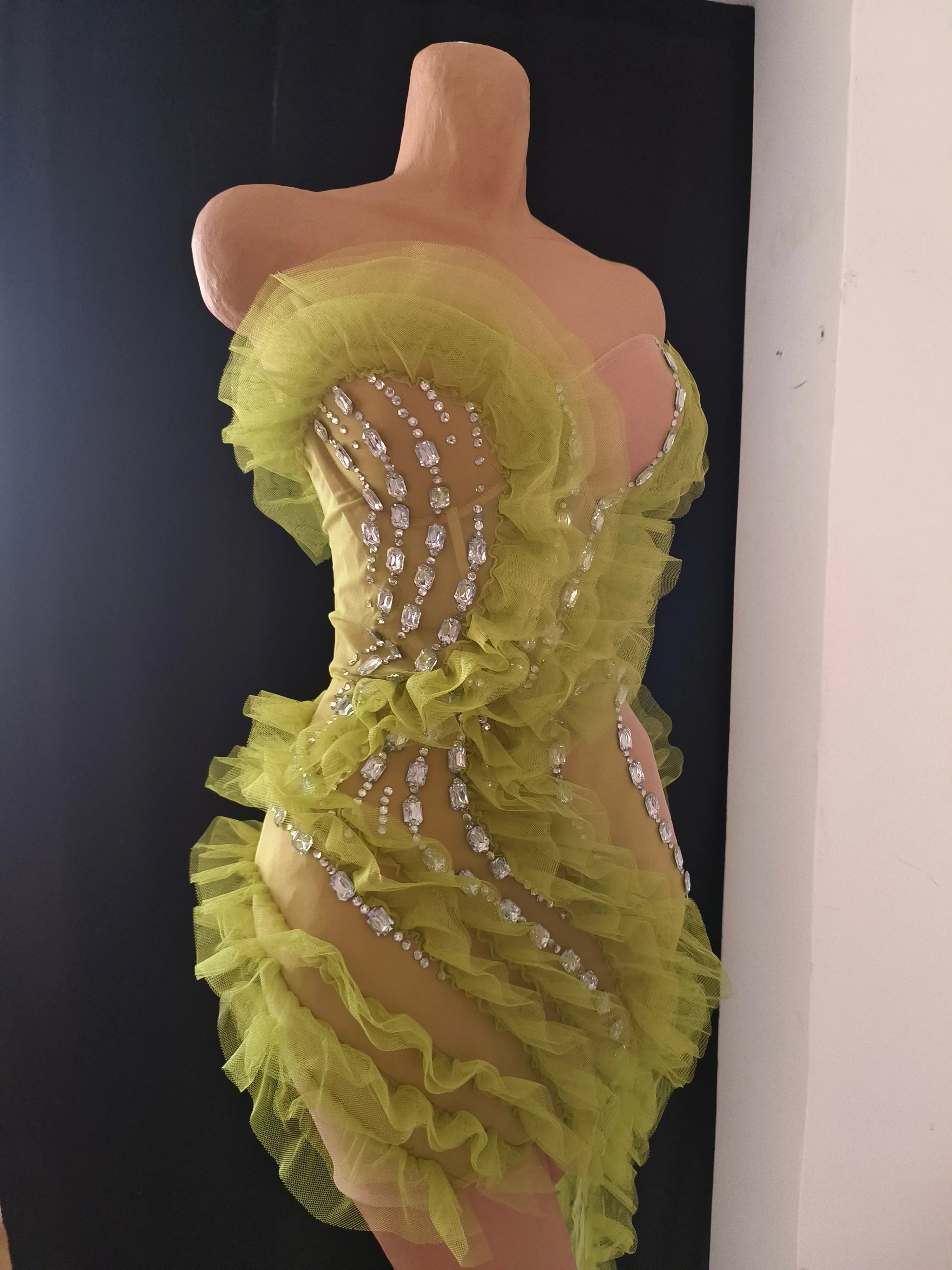 Sparkly Green Sheer Mesh Flowy Ruffle Crystal Rhinestone Dress Slim-fit Nightclub Party Stage Performance Clubwear Outfit