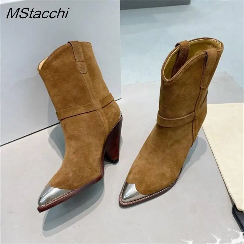 Metal Toe Women's Knight Boots Elegant Genuine Suede Leather Short Boots Ladies Strange Heel Shoes Women Slip-on Mid-calf Boots Khaki suede