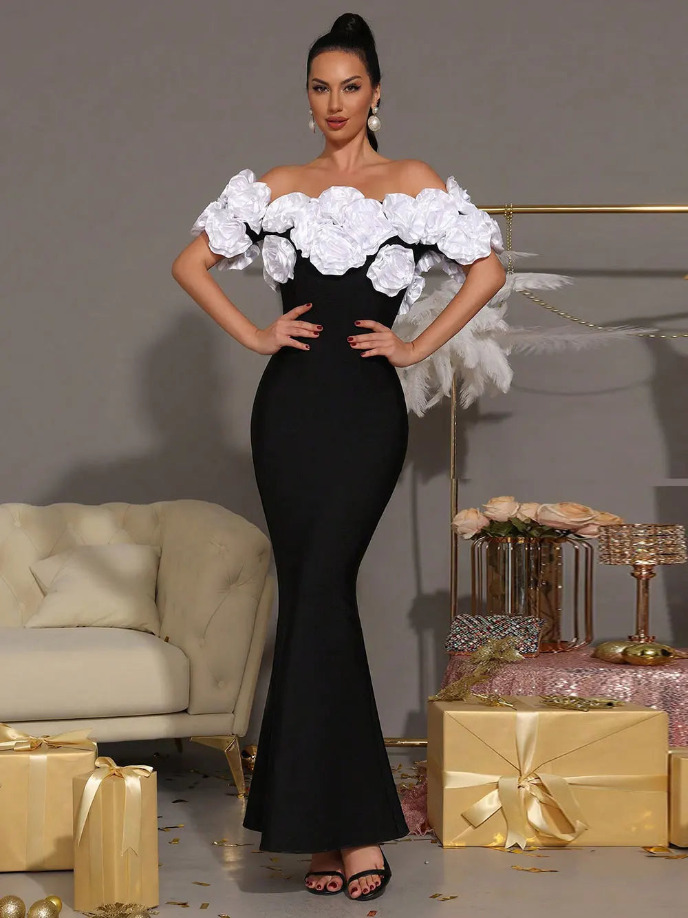 2025 Elegant Women Light Luxury Flower Design Bandage Dress with One Collar Shoulders Bodycon Banquet President's Dress Vestidos black