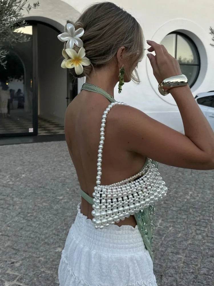 Mozision Glitter Deep V Neck Sexy Tank Tops Women Vest Pullovers Summer New Sparkle Backless Cropped Tops Elegant Beach Tops