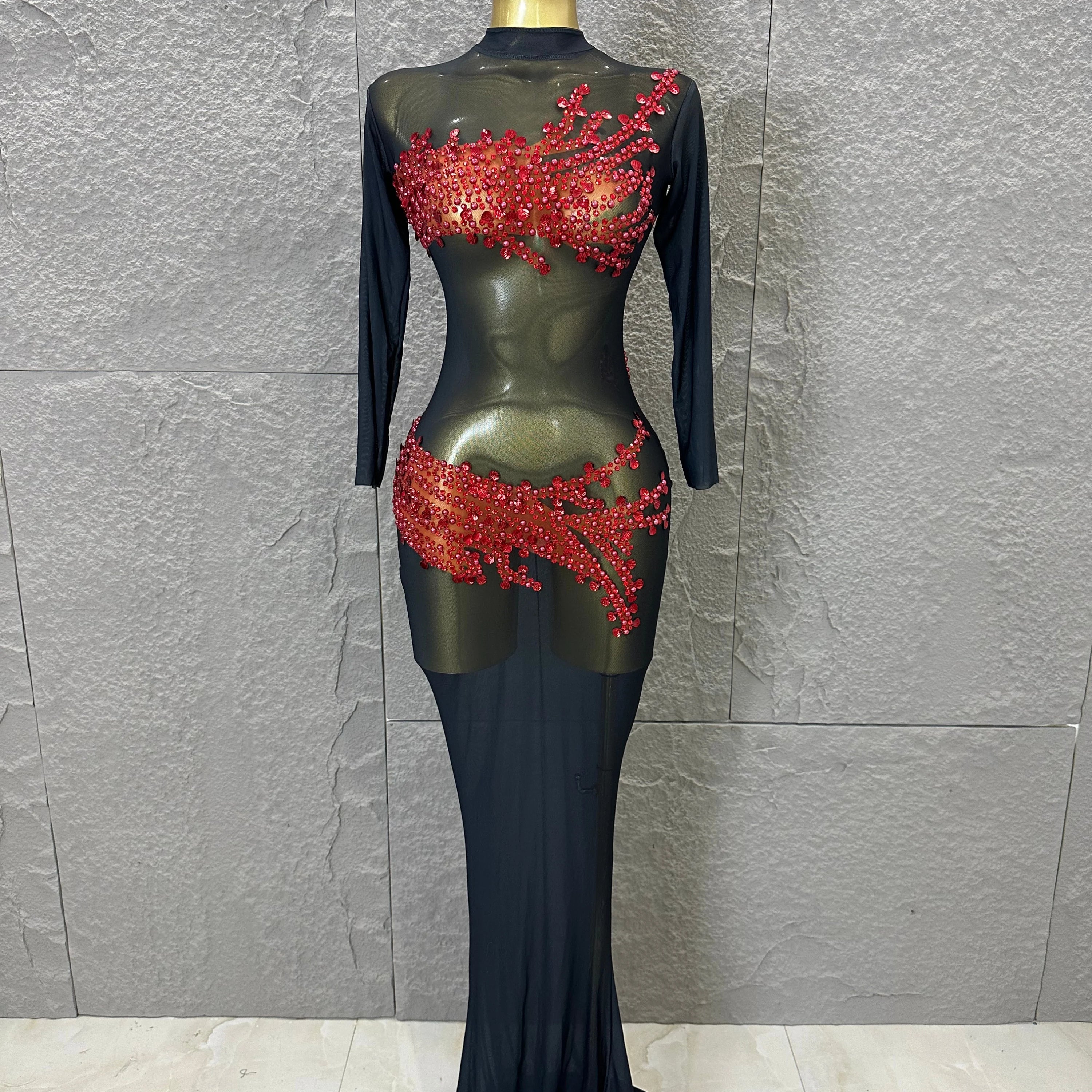 Sexy 2026 Black Sheer Mesh Maxi Dress Women Long Sleeve High Neck Red Rhinestone Embellished Bodycon Stage Costume black