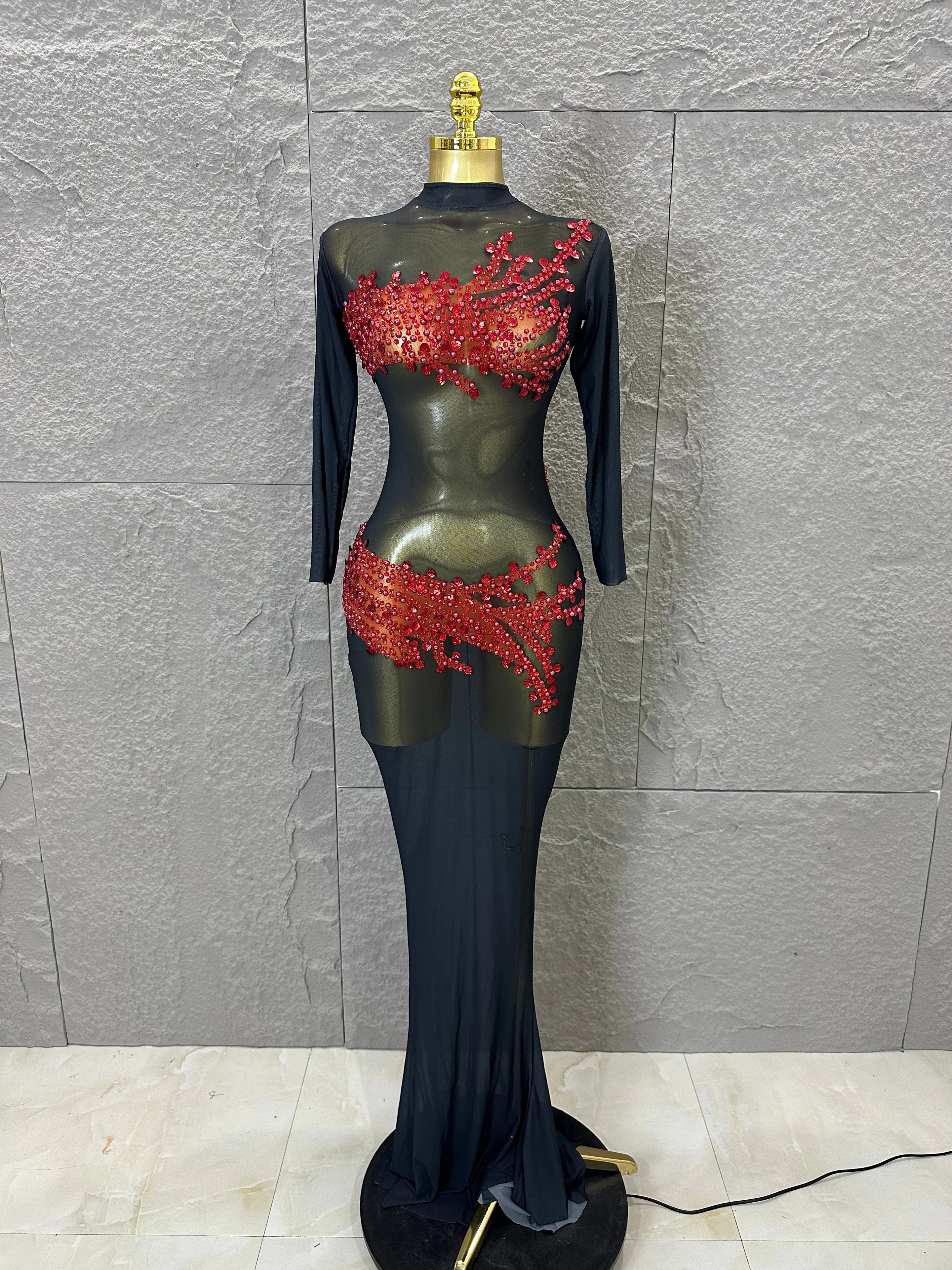 Sexy 2026 Black Sheer Mesh Maxi Dress Women Long Sleeve High Neck Red Rhinestone Embellished Bodycon Stage Costume black