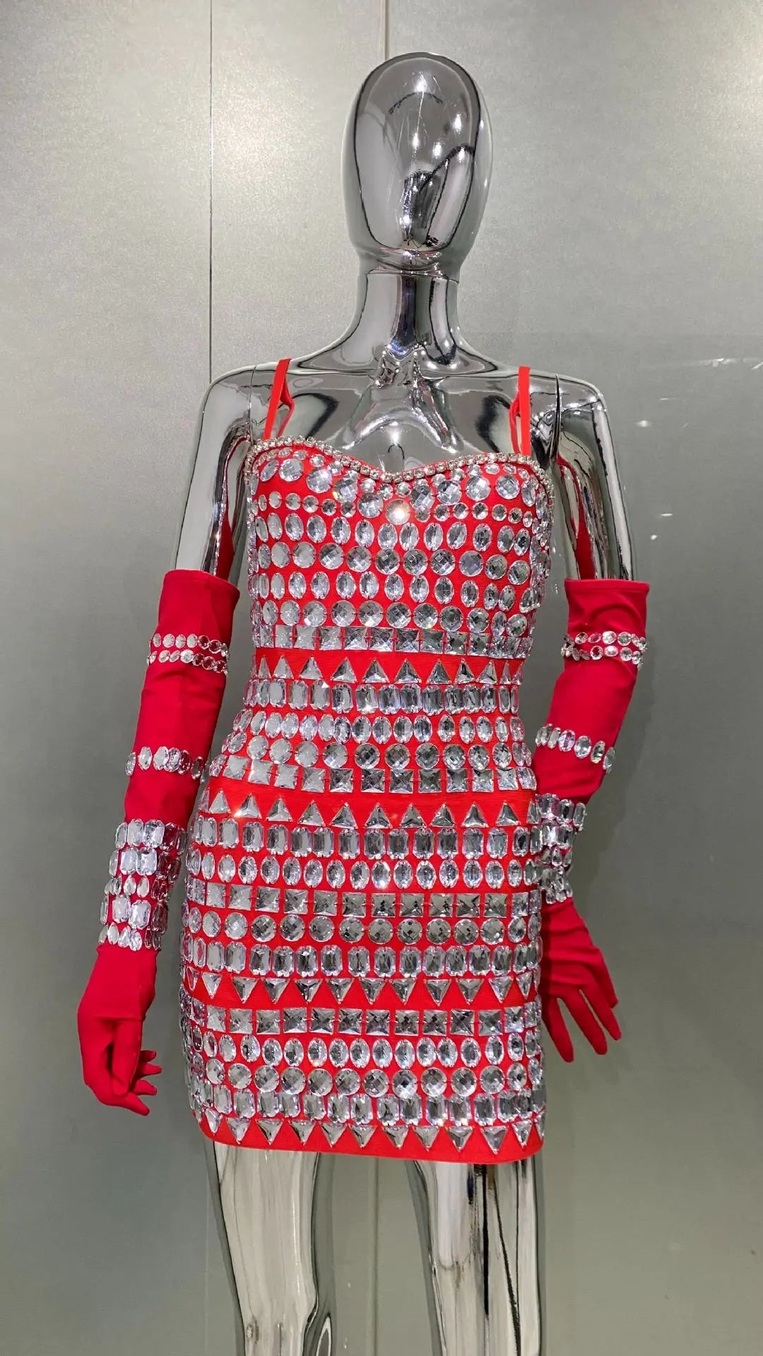 Dazzling Diamonds Strapless Mini Dress And Oversleeve 2 Pieces Fashionable Woman Birthday Party Outfit Performances Costume Red