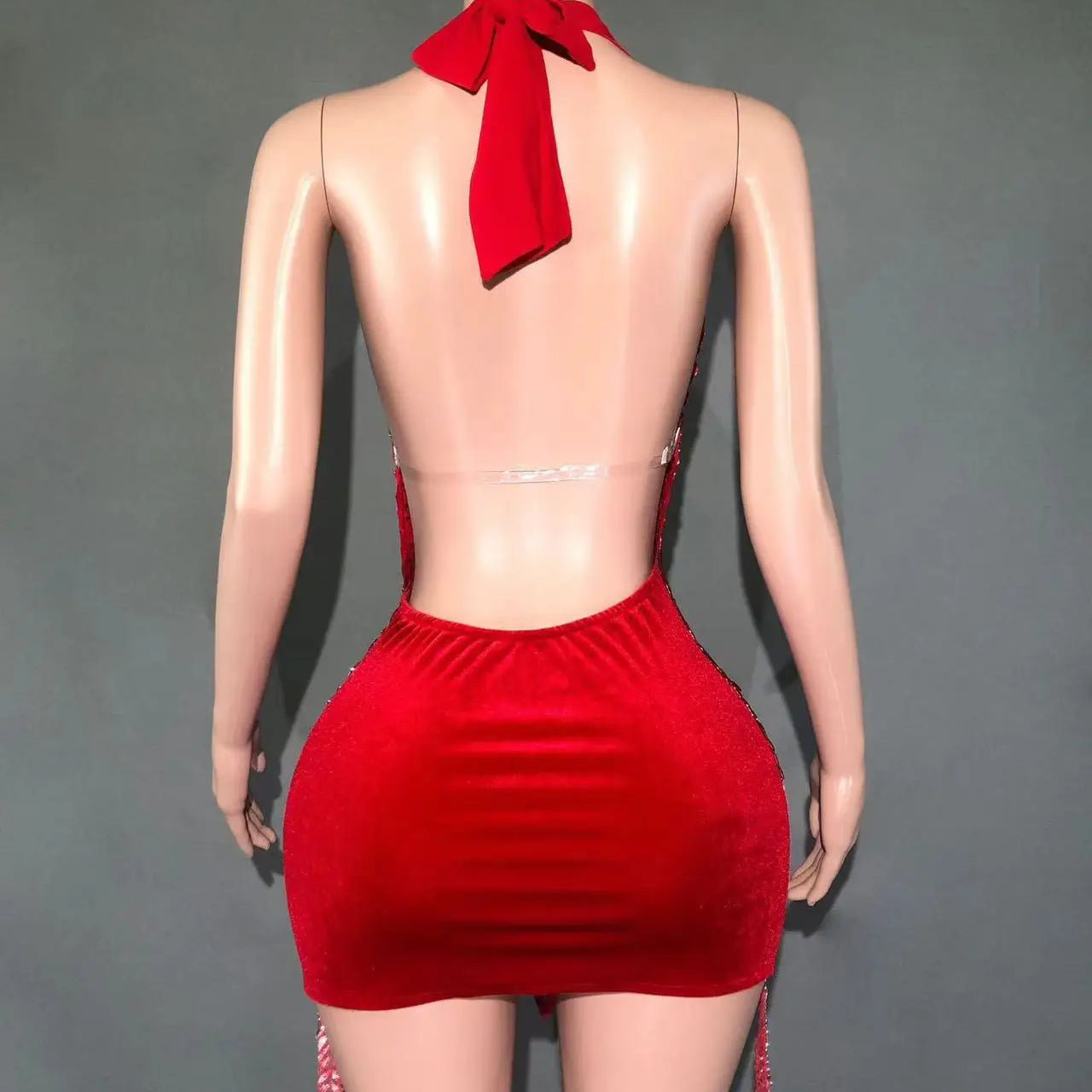 Sparkly Rhinestones Evening Prom Celebrate Birthday Dress Sexy Halter Backless Mesh Velvet Short Dress Performance Stage Wear