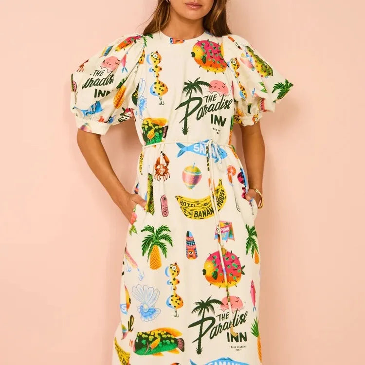 Women Hawaii Holiday Print Long Dress Short Sleeve Sashes Empire Waist Loose Vintage Retro Ladies Summer Beach Drsses NEW