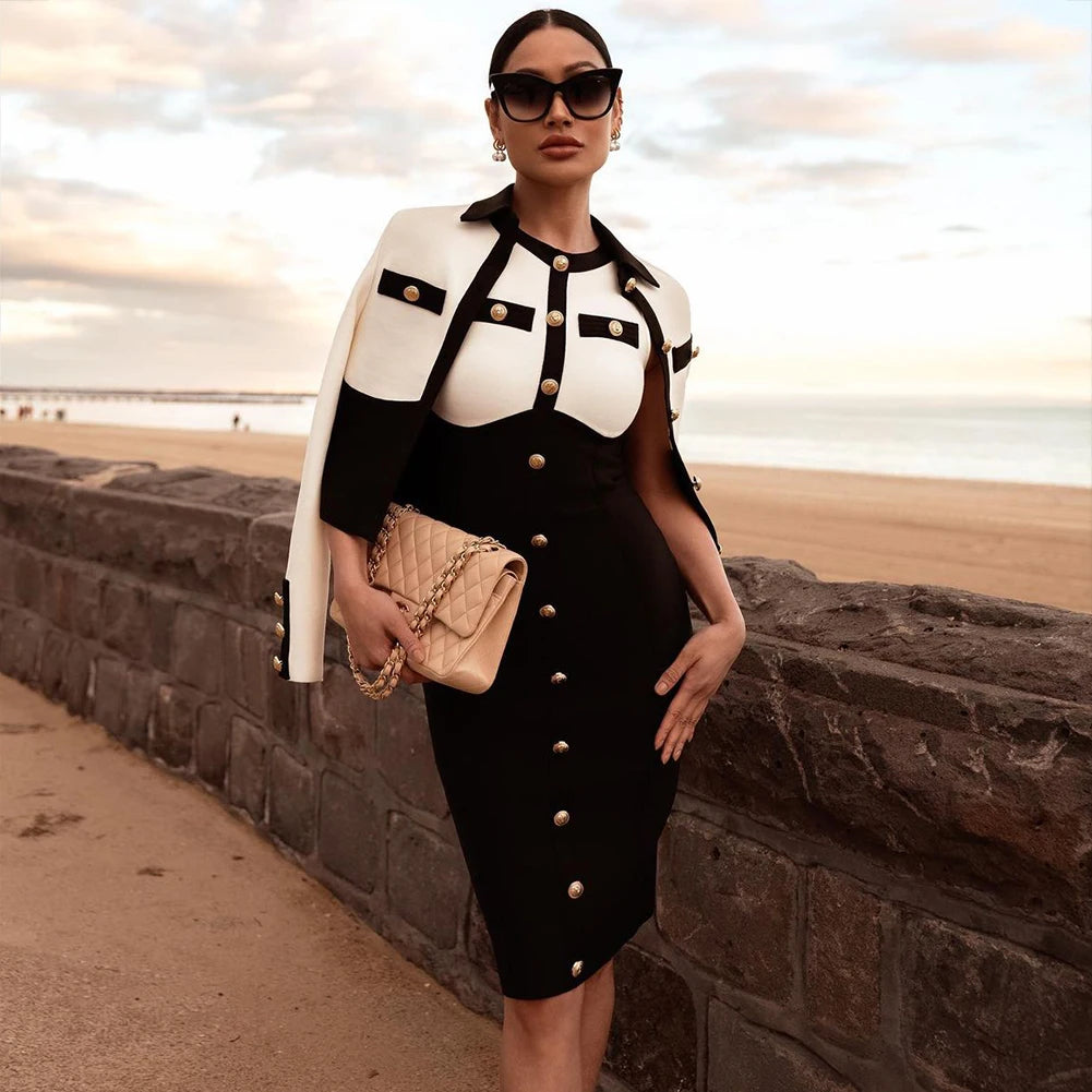 New Arrivals Fashionable Women's Bandage Set Golden Buttons White Patchwork Black Coat And Sleeveless Bodycon MIini Dress