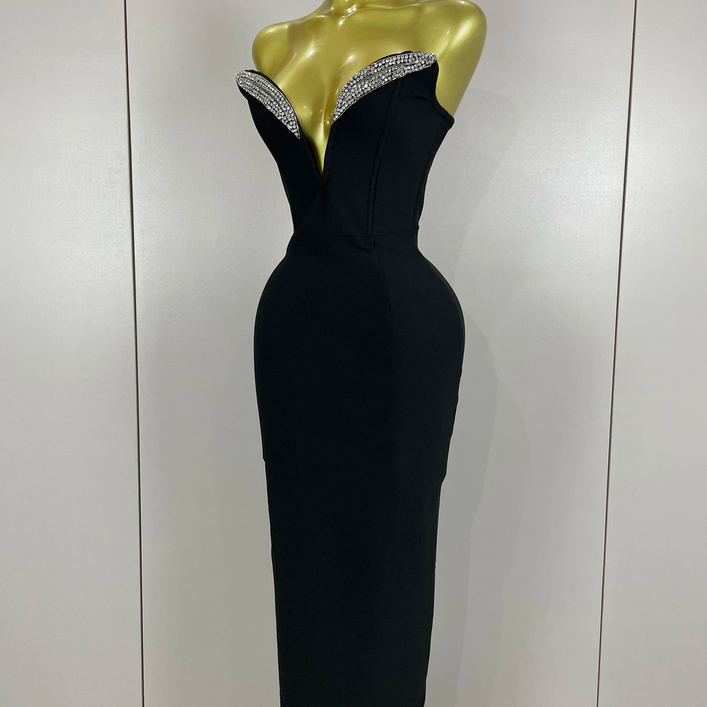 2025 Women Sexy Strapless Sparkly Rhinestones Bodycon Bandage Long Dress Fashion Celebrate Evening Party Luxury Birthday Dresses