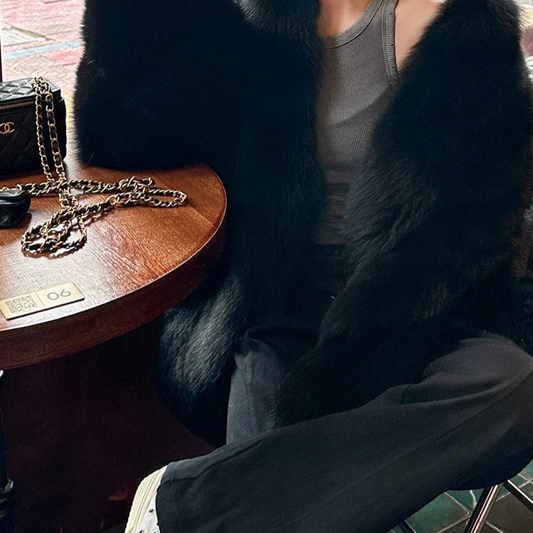 Autumn Winter Black Thick Warm Soft Hairy Shaggy Faux Fox Fur Coat Women Stand Collar Luxury Designer Fluffy Jacket 2024