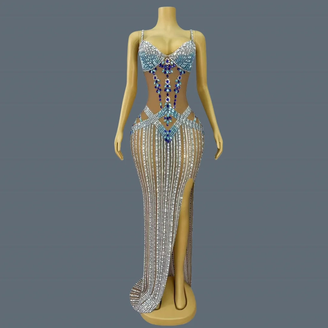 High-end Sexy Evening Gown for Women Sparkly Crystals High Side Slits Elegant Dress Birthday Prom Ball Luxury Strap Dress Jingyu AS PHOTO