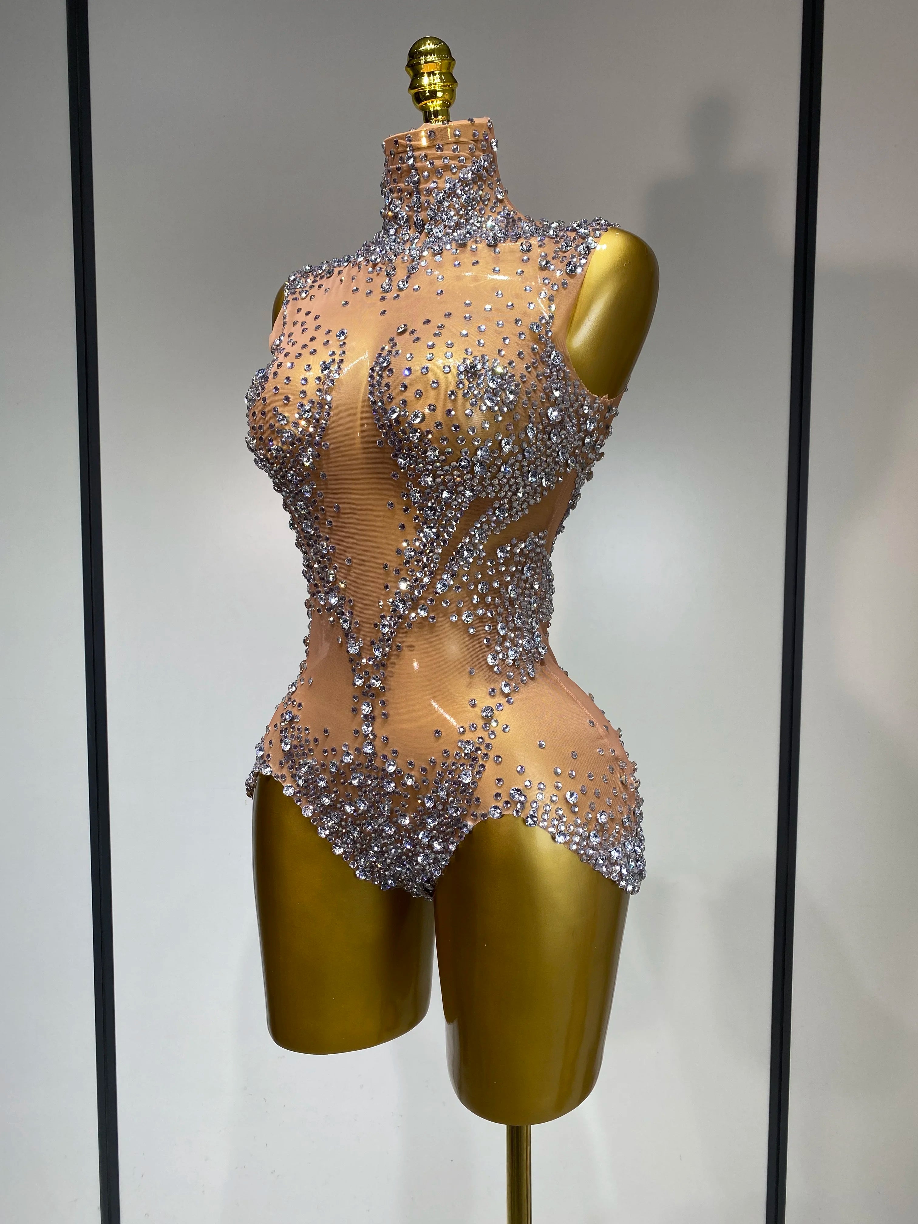 Women Sexy See Through Crystal Bodysuits Luxury Birthday Dancer Stage Performance Wear Mesh Sparkly Rhinestone Nightclub Outfit