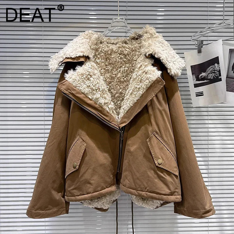 Winter New Fashionable Sailor Collar Fur Fleece Reversible Parka Coat For Women Loose Warm Jacket Female 11A07856