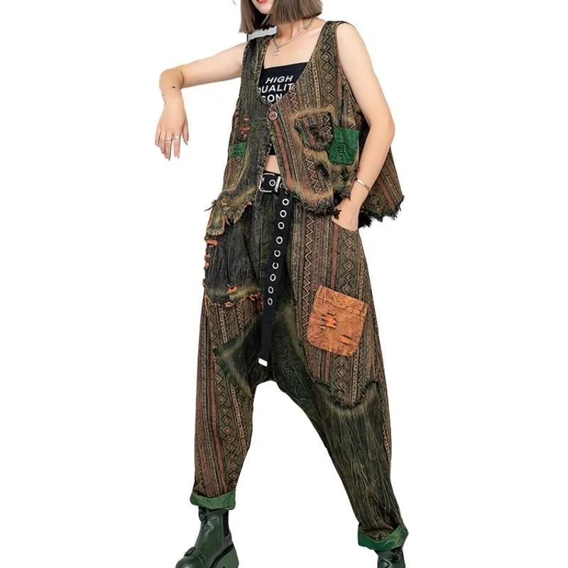 Spring Summer New Trendy Cool Personality Distressed Printed Denim Vest + Hanging Crotch Pants Two-piece Set Women LX255