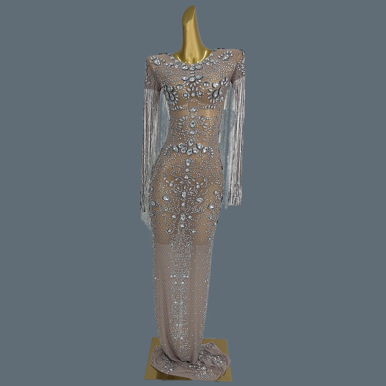 Women's Sparkly Crystals Tassel Ball Dress Sexy See Through Mesh Luxury Evening Gown Birthday Prom Queen Chic Maxi Dress Hualan Clear