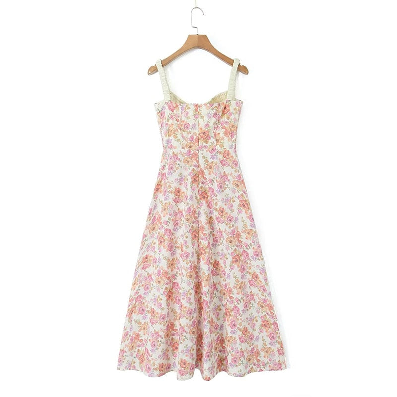 YENKYE 2024 Women French Style Floral Print A-line Midi Sling Dress Sexy Sleeveless Front Slit Female Holiday Party Summer Dress