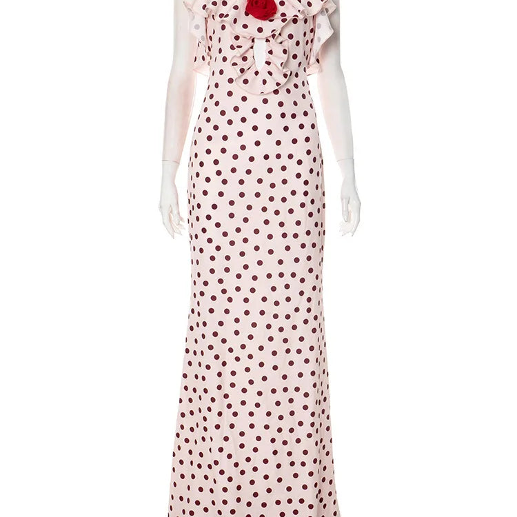 Mozision Rose Polka Dot Maxi Dress For Women Gown Spaghetti Strap Off-shoulder Sleeveless Backless Elegant Evening Club Dress