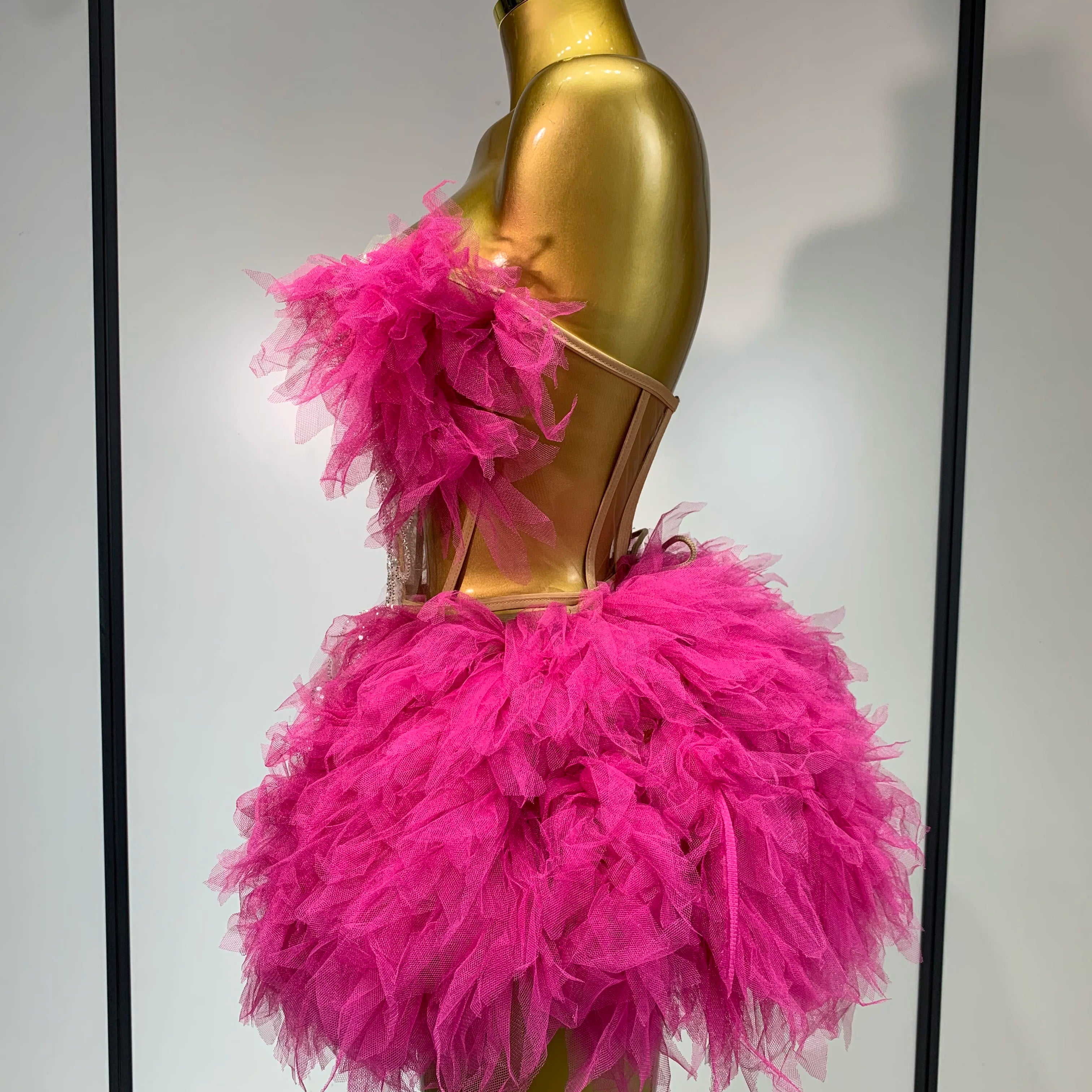 Women Sexy Strapless Mini Two Pieces Set Luxury Birthday Evening Party Dress Bar Nightclub Singer Dancer Stage Outfit