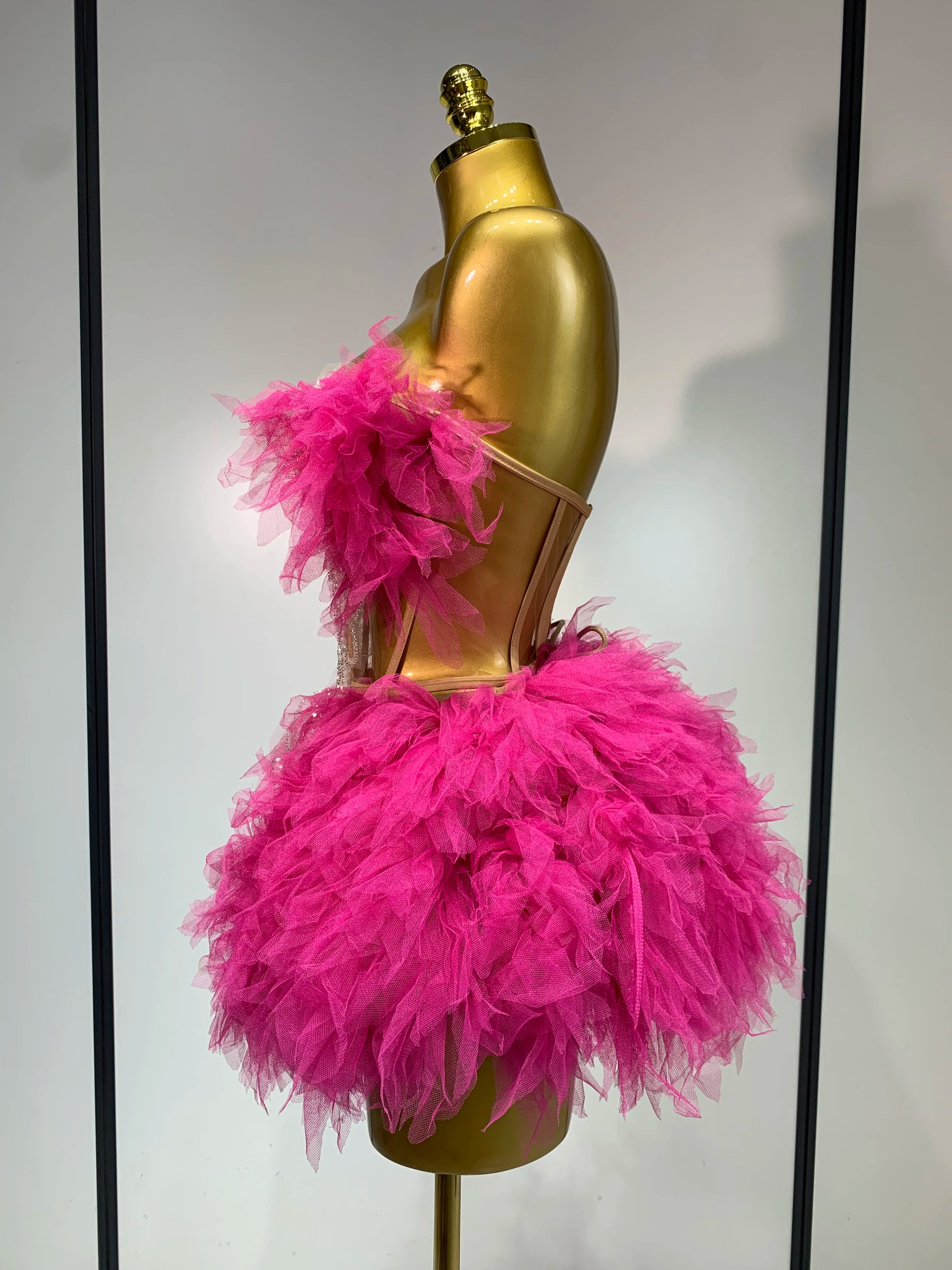 Women Sexy Strapless Mini Two Pieces Set Luxury Birthday Evening Party Dress Bar Nightclub Singer Dancer Stage Outfit