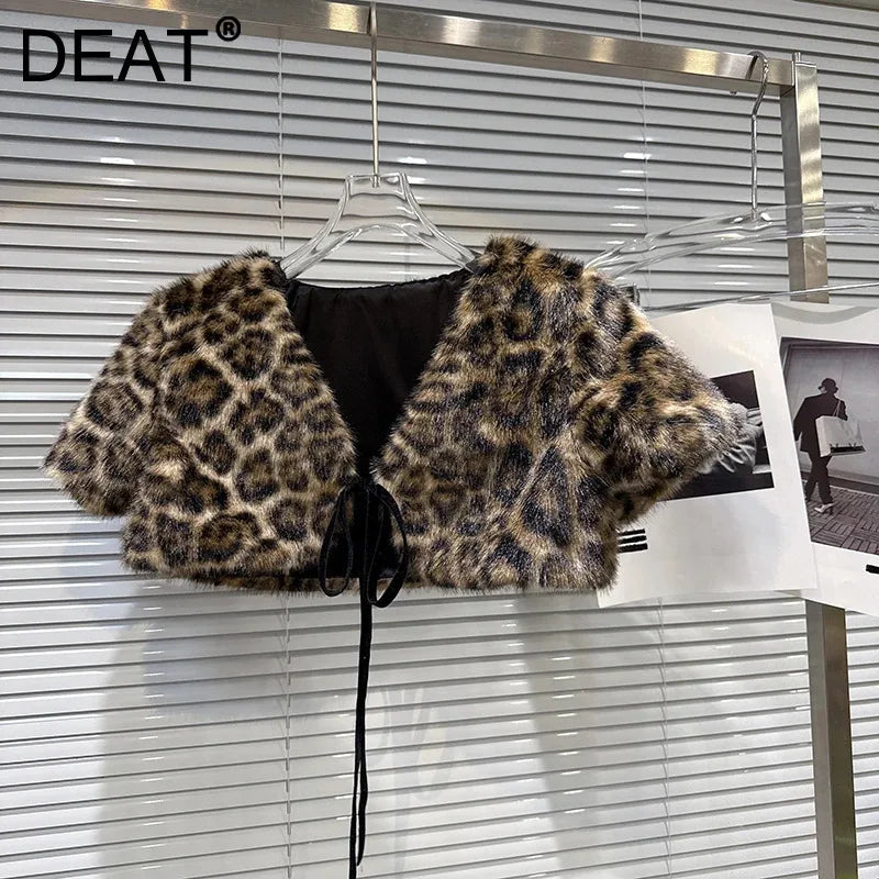 Winter New Style V-Neck Yellow Leopard Print Tie Design Fluffy Shawl Top For Women High Waist Cardigan Female 11A07487