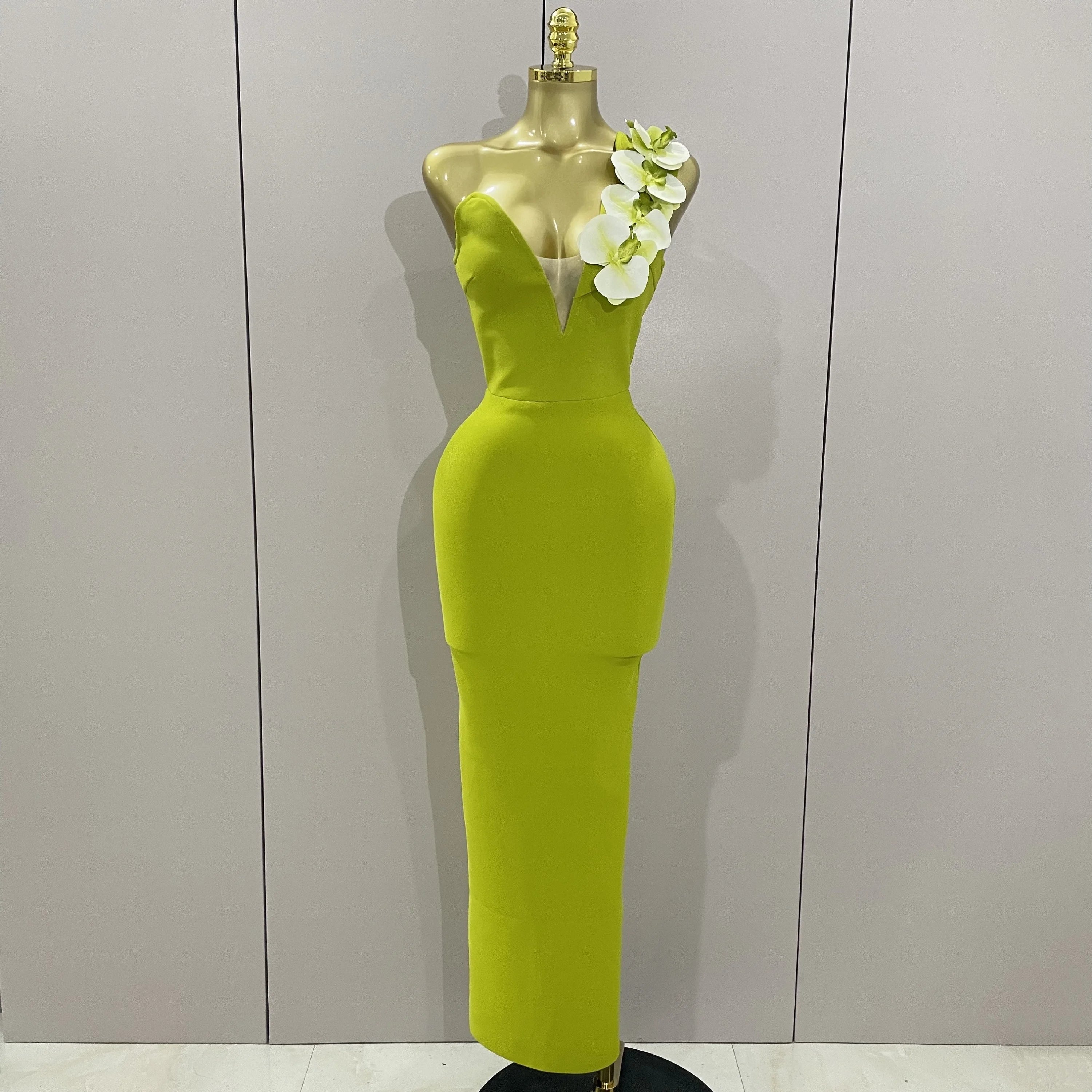 New Designer Bodycon Bandage Luxury Birthday Party Dress Women Elegant V Neck Appliques Maxi Long Celebrity Evening Prom Gowns green