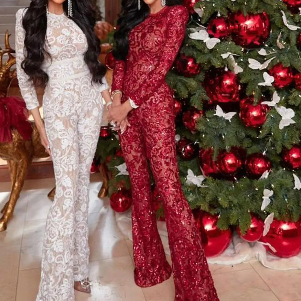 2025 Women'S Light Luxury Sequin Patchwork Bandage Jumpsuit O-Neck Long Sleeved Waistband Flared Jumpsuit Pants Party Jumpsuit