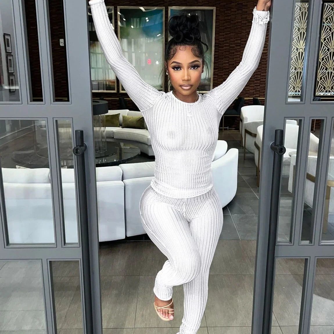 CM.YAYA Fashion See Though Women's Set Long Sleeve T-shirt and Flare Pants 2024 Active Street Two 2 Piece Sets Outfits Tracksuit White