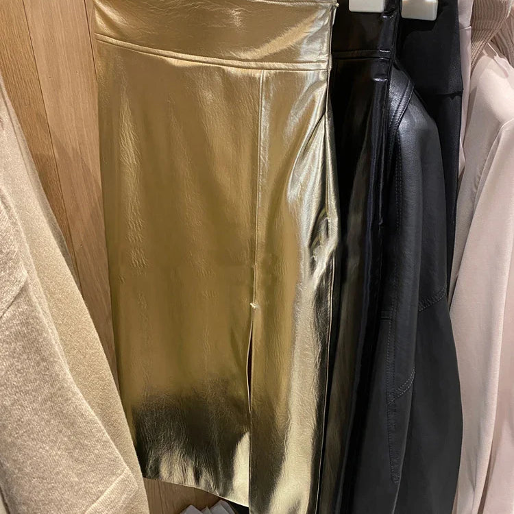 Spring Autumn Shiny Black Silver Golden Pu Leather Skirt Women Front Slit High Waist Long Luxury Designer Clothes 2023