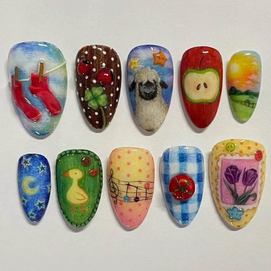 24pcs Cute Cartoon Fake Nail Tips Oil Painting Series Printed Almond Press On Nail Sweet Cool Charming False Nail For Spicy Girl Y1