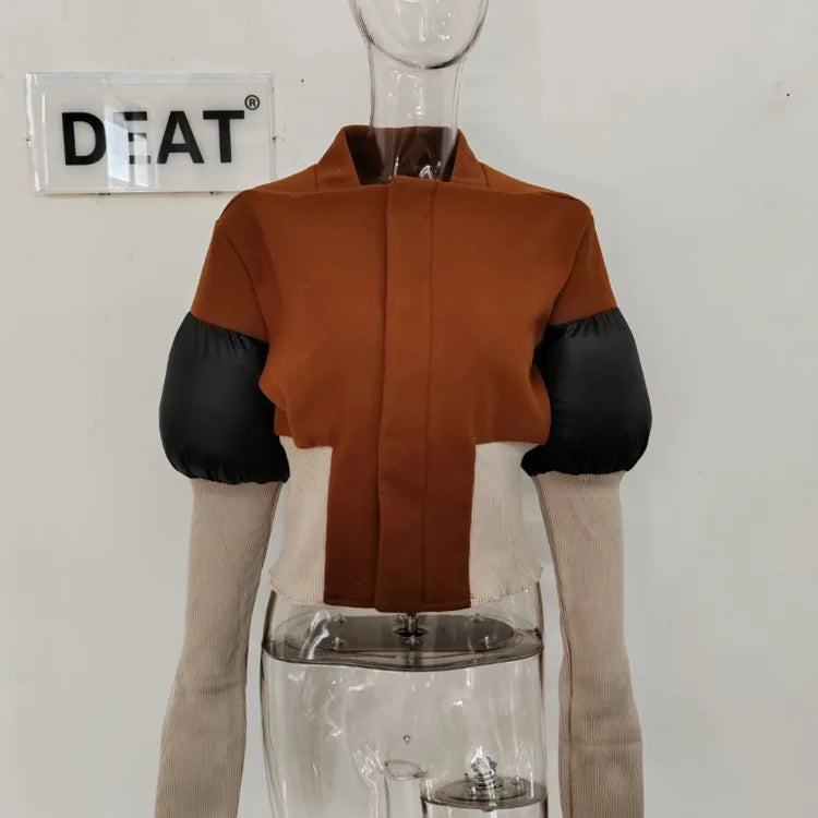 DEAT Fashion Women's Color Block Jackets Long Sleeve Zipper Collarless Slim Short Patchwork Short Coat Spring New 7AB3106