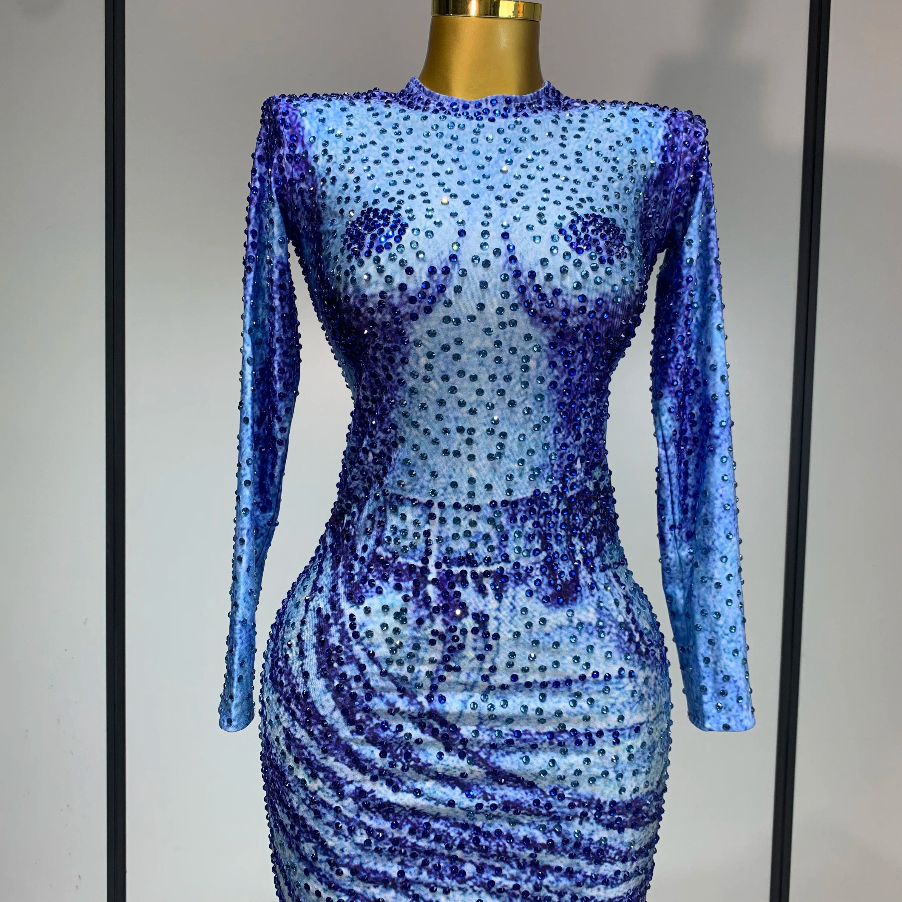 Ladies Sexy Sparkly Rhinestones Blue Long Sleeve Short Dress Women Evening Luxury Birthday Party Nightclub Singer Stage Outfit Blue