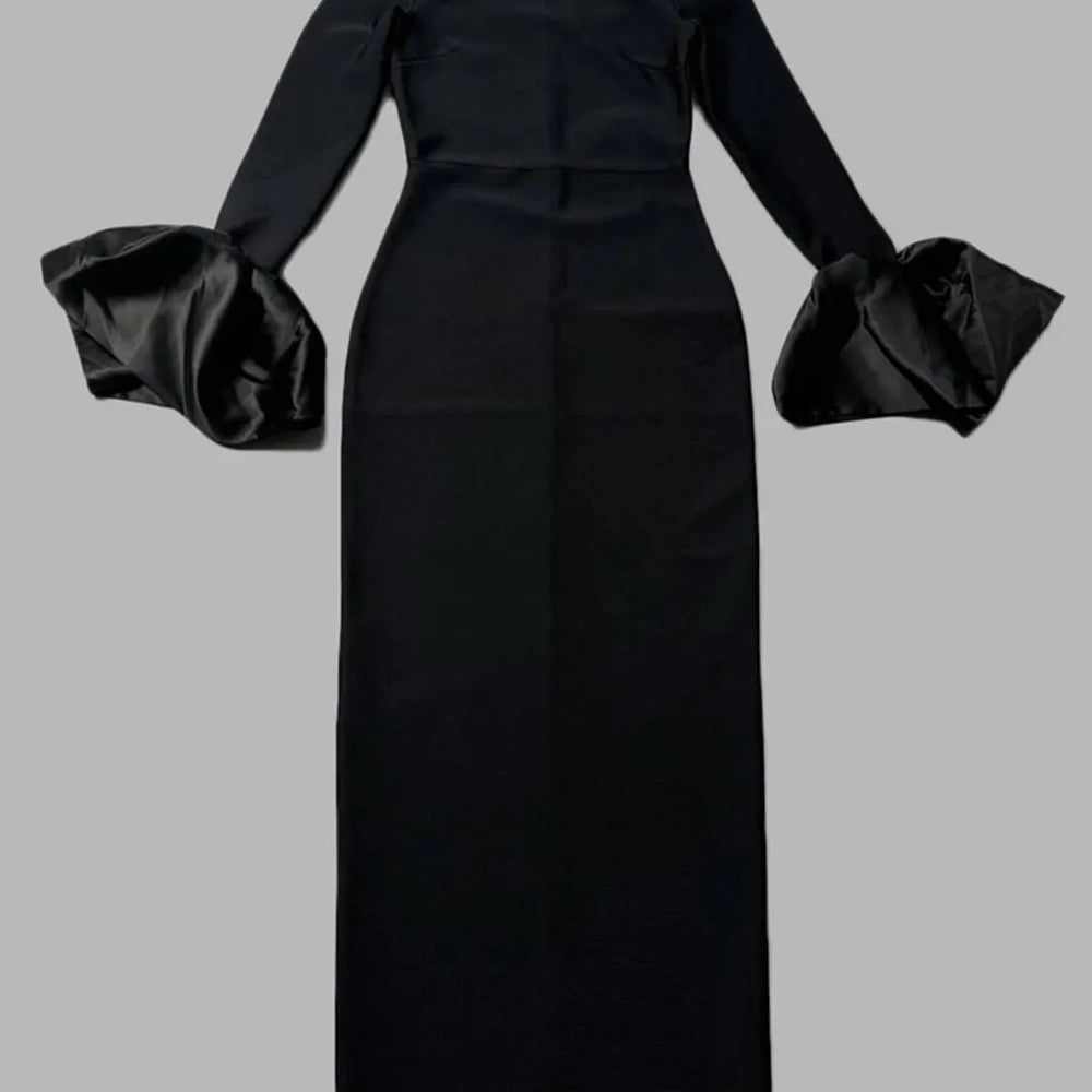 2024 Elegant Women's Black Maxi Dress Stand up Neck Flare Sleeves Bodycon Bandage Long Dresses Cocktail Evening Party Vestidos Black 1