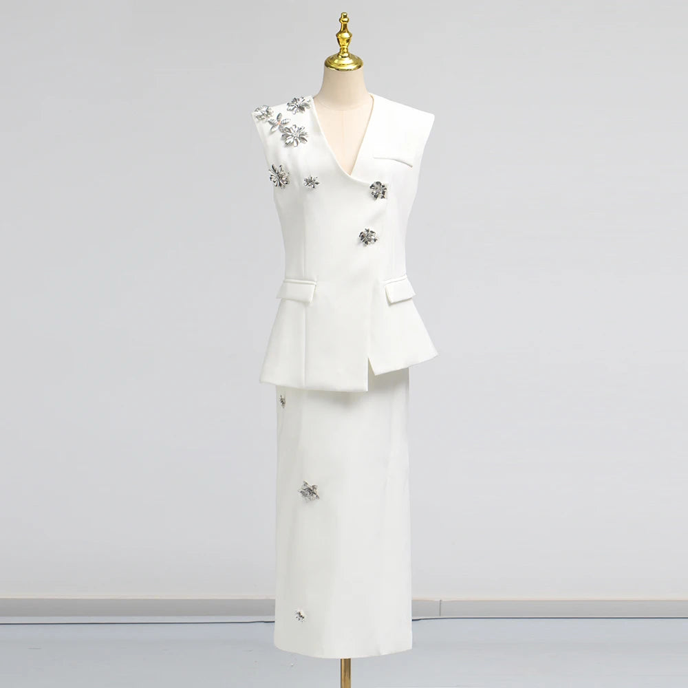 Solid Spliced 3D Flower Two Piece Sets for Women V Neck Sleeveless Top High Waist Split Skirt Elegant Set Female WHITE