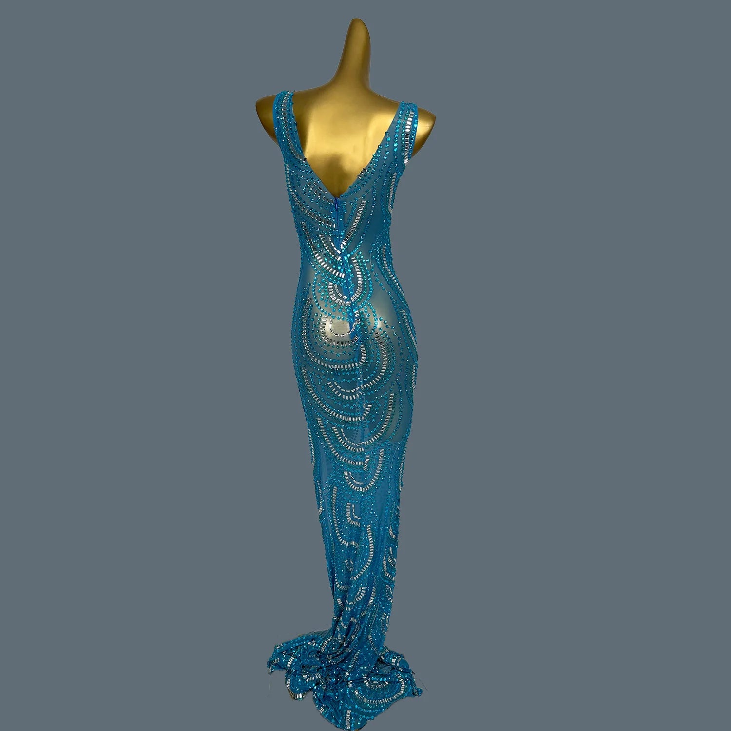 Sheer Mesh Blue Dress Sleeveless High Side Slit Club Dress Birthday Prom Bodycon Evening Dresses For Women Formal Luxury Lanquan