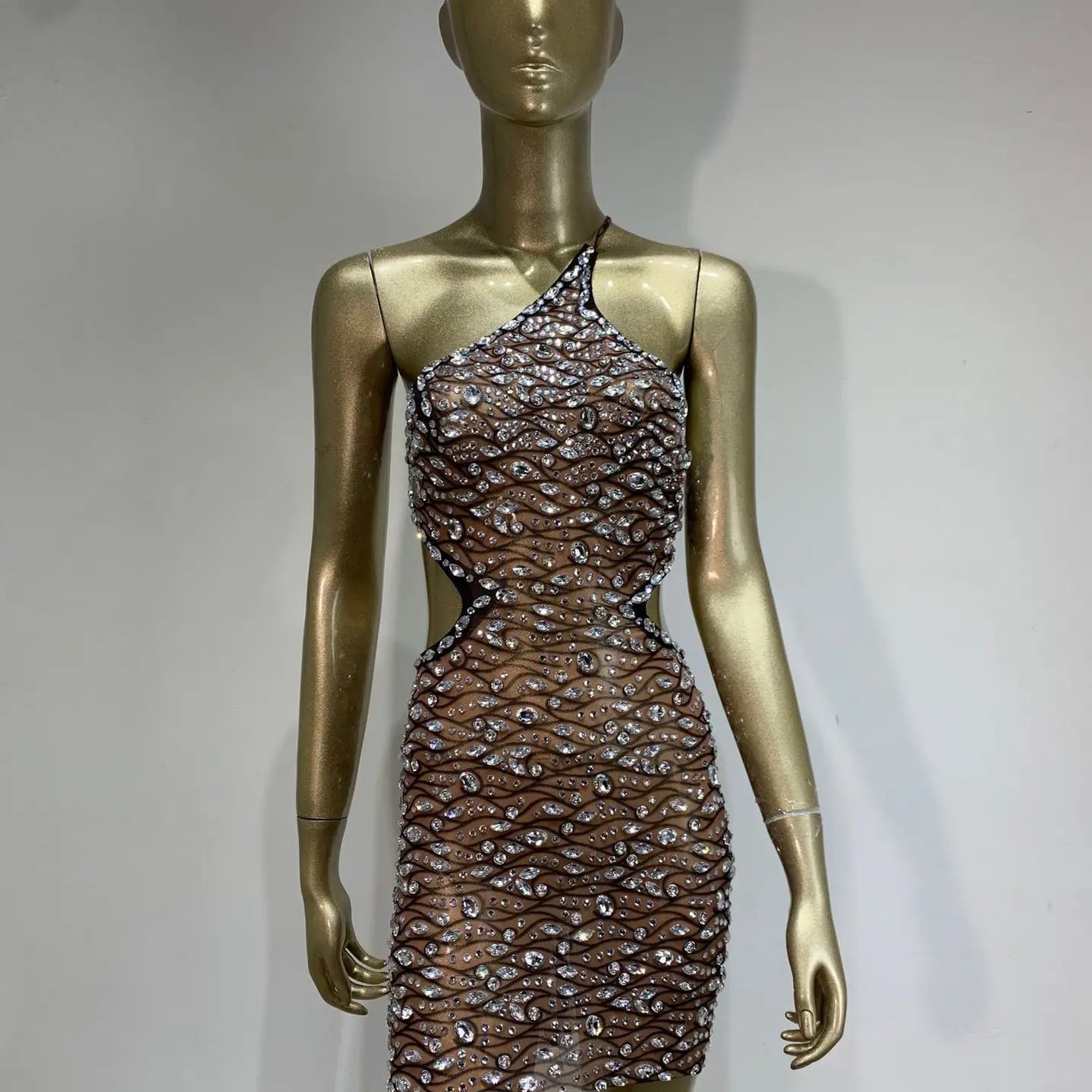 2025 Women Sexy One Shoulder Crystal Diamonds Cut Out Mini Dress Birthday Party Costume Bar Nightclub Stage Performance Outfit